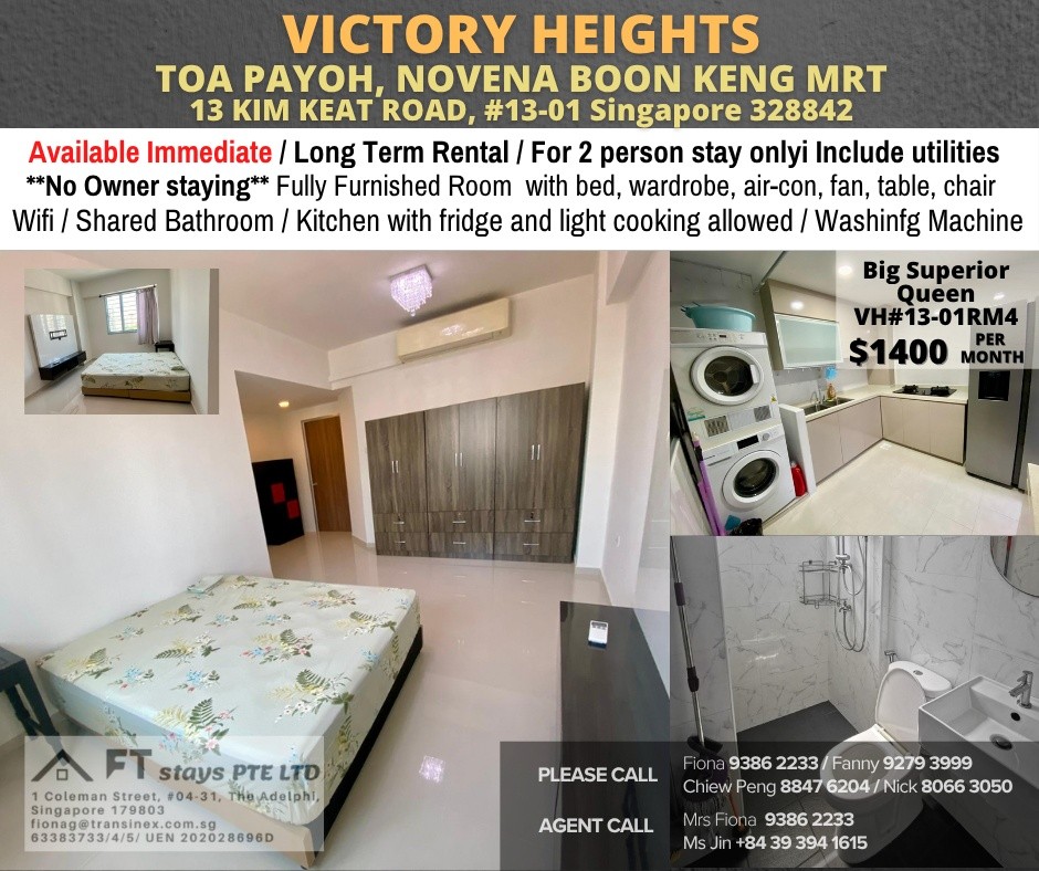 VICTORY HEIGHTS Middle Room /1 persons stay/No Owner Staying/Fully Furnished /WIFI/2 Shared Bathroom/allowed Light Cooking/ Balestier / Toa Payoh/Novena MRT/ Available on Immediately - Toa Payoh - Fla - Homates Singapore