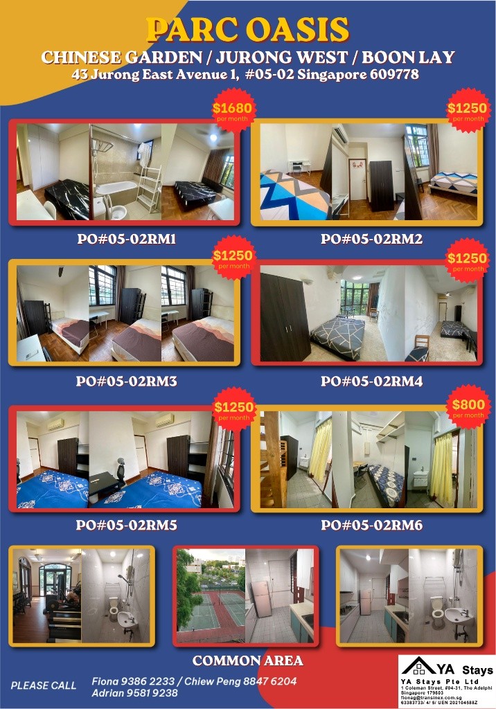 Room For rent/43 JURONG EAST AVENUE 1, PARC OASIS BLK HIBISCUS 60977 Road/commen /for 1pax/2pax Available Immediate  - Toa Payoh 大巴窑 - 整个住家 - Homates 新加坡
