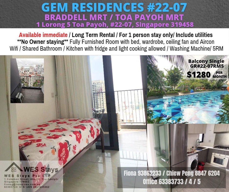 Near Braddell Mrt / Toa Payoh MRT / Caldecott MRT/Classic Room/ Available Now - GEM RESIDENCE - Toa Payoh 大巴窯 - 分租房間 - Homates 新加坡