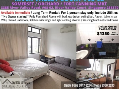 Somerset MRT /Orchard / Fort Canning MRT / Dhoby Ghaut MRT /  Available Immediate - 338E River Valley Road